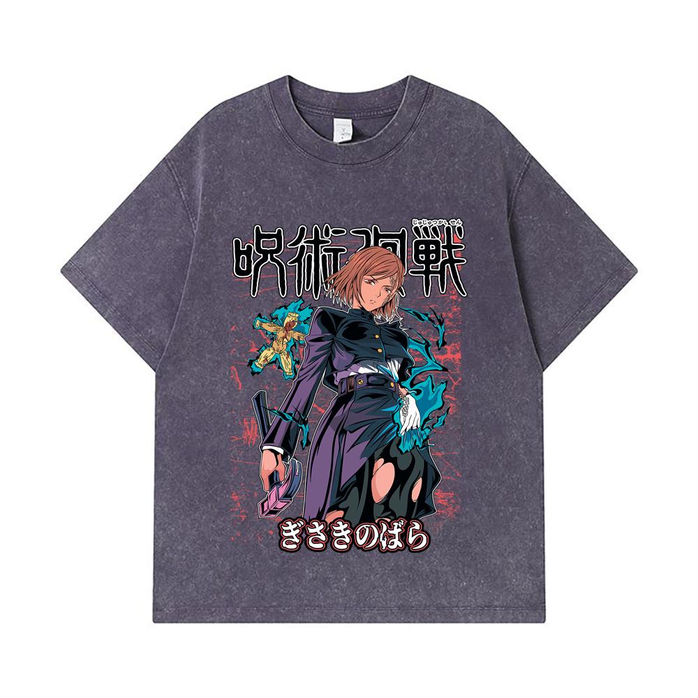 275 GSM Washed T-shirts 100% Cotton Jujutsu Kaisen V37 Nobara Print Unisex Heavy Cotton T Shirt
