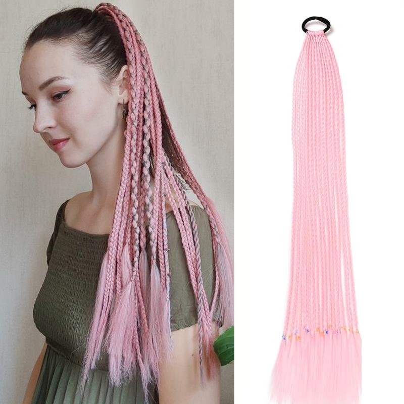 Косы-хвосты 24 дюйма Разноцветные Box Braids с резинками Синтетические накладки для волос для девочек Женские аксессуары День сумасшедших причесок