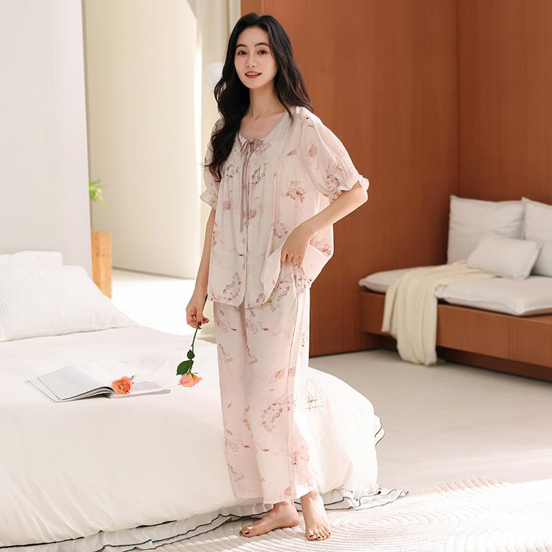 Tencel cotton pajamas women's summer short-sleeved trousers 1011 new mother foreign high-end loungewear set
