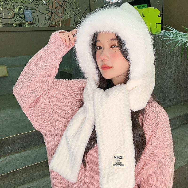Autumn and Winter Plush Hat, Women's Large Head Circumference, Windproof Ear Protection Scarf, Integrated Hooded Thickened Warm Wool Hat