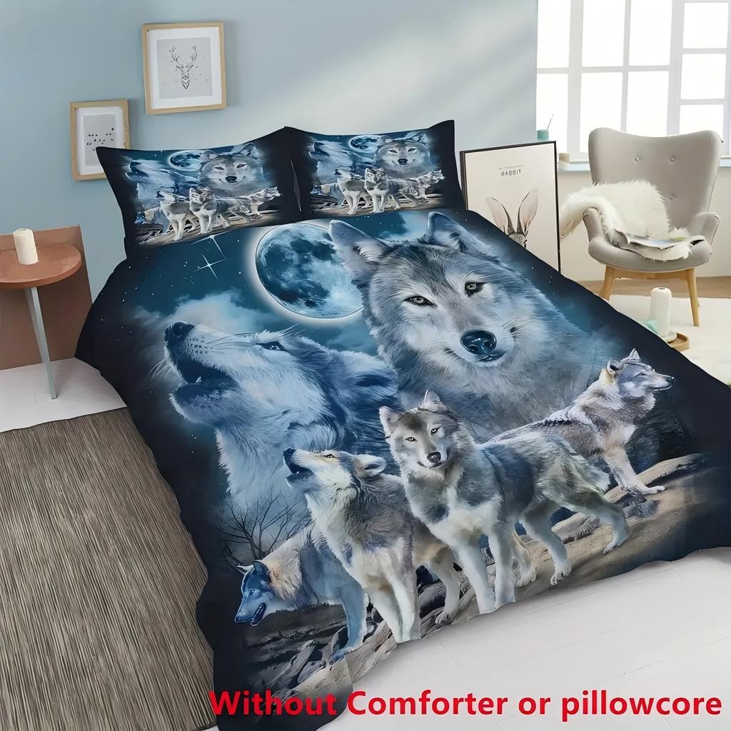 Moonlight Night Wolf 3D Print Quilt Cover Cartoon Wolf Duvet Comforter Polyester Soft Comfortable Night Sky Bedding Sheets Sets