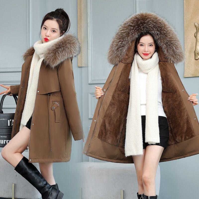 8XL Женская осенне-зимняя куртка-парка с большим меховым воротником и шерстяной подкладкой, с капюшоном, верхняя одежда, приталенное длинное пальто, повседневные парки, хлопковые теплые пальто, женские