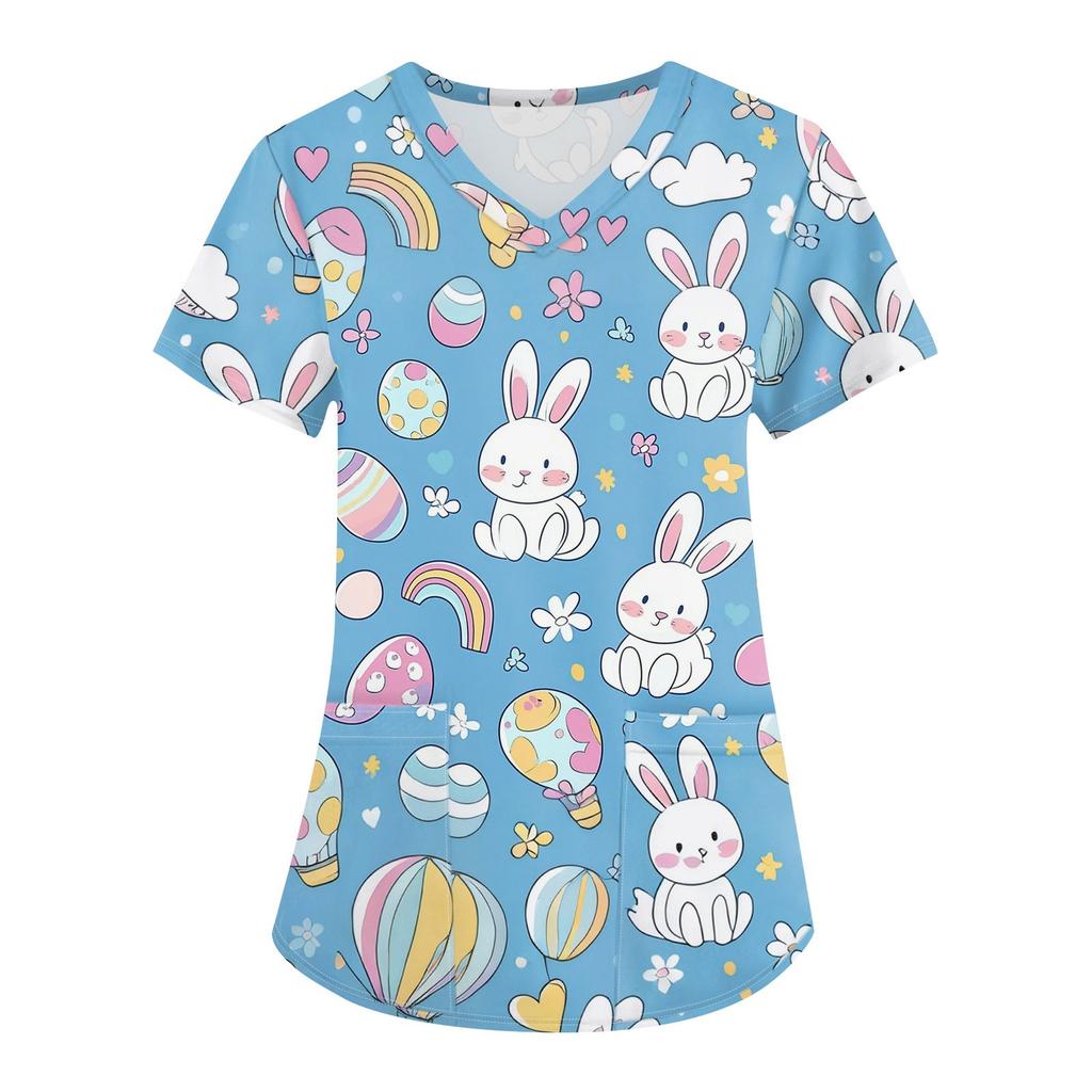 Женская мода с v-образным вырезом, короткими рукавами и карманами, топы с принтом