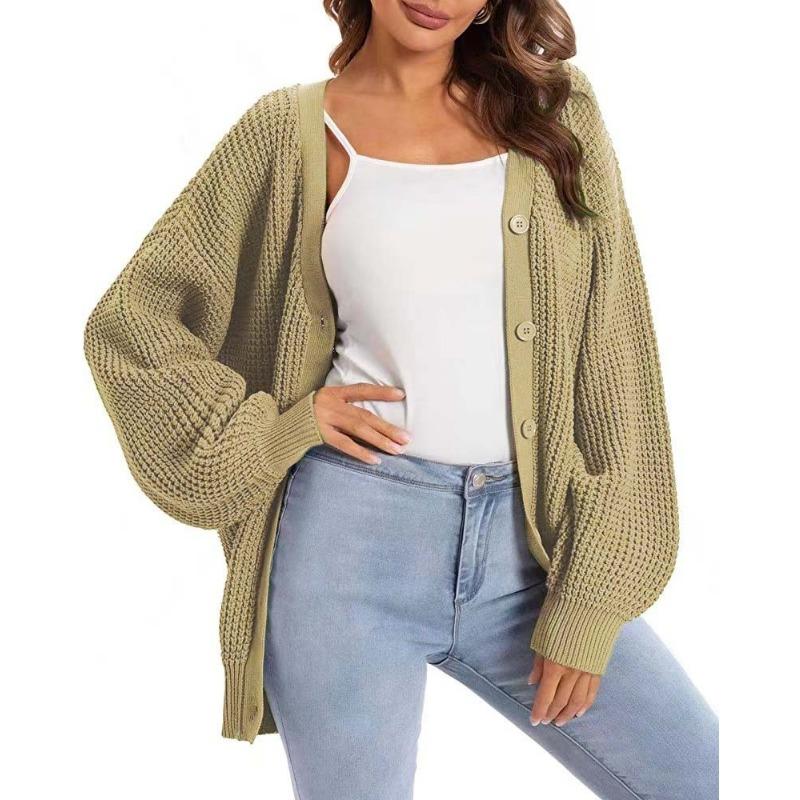 Lantern Sleeve Knitted Plus Size Cardigan Sweater Coat Women V-Neck Single Breasted Lazy Style Cardigan
