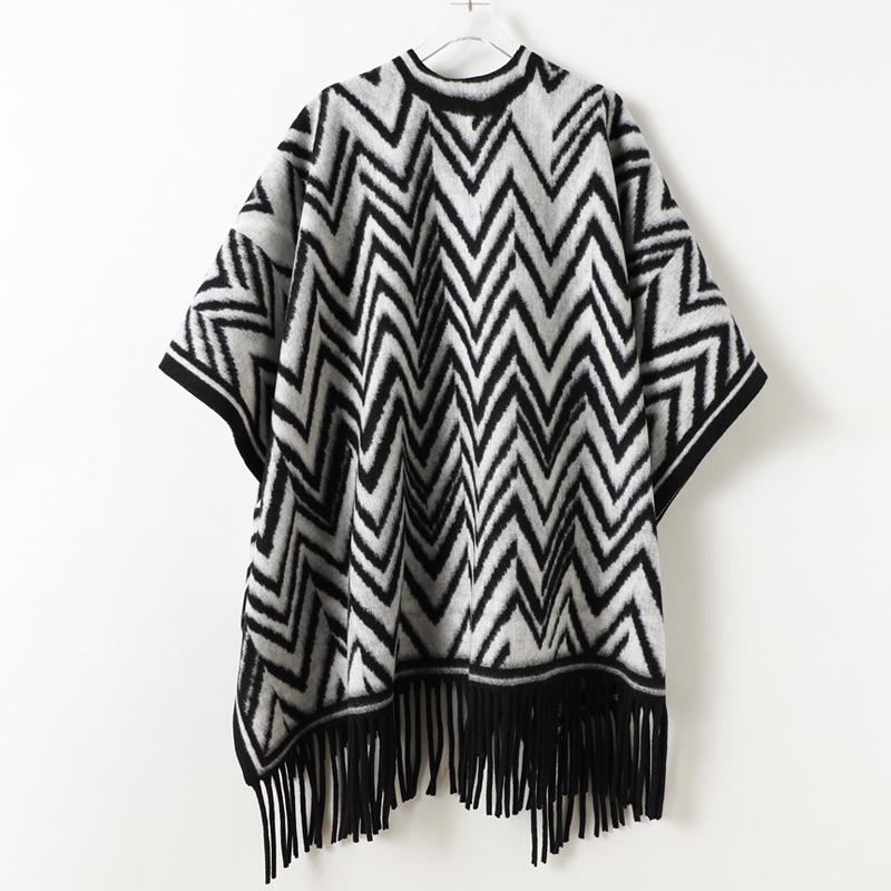 Black And White Serrated Pattern Autumn And Winter Men'S And Women'S Double-Sided Shawls With Imitation Cashmere High-End Warm Fringed Scarf Cape