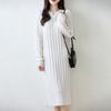 100% Pure Wool Slimming Women's Pullover Dress - Autumn/Winter, Round Neck, Lantern Sleeves, Over-Knee Length