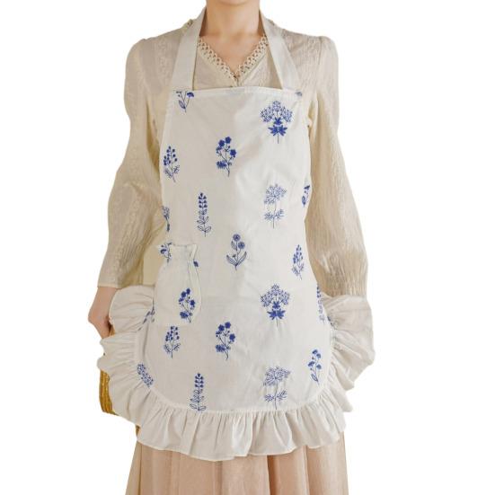 Женский кухонный фартук с карманами и капюшоном, хлопковый фартук с цветочной вышивкой, легкий дышащий фартук для готовки, кулинарный фартук в винтажном стиле с кружевными оборками