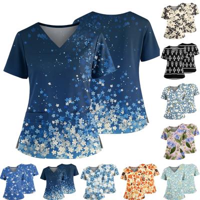 Женский повседневный топ с принтом, V-образным вырезом, карманом, боковым разрезом и короткими рукавами