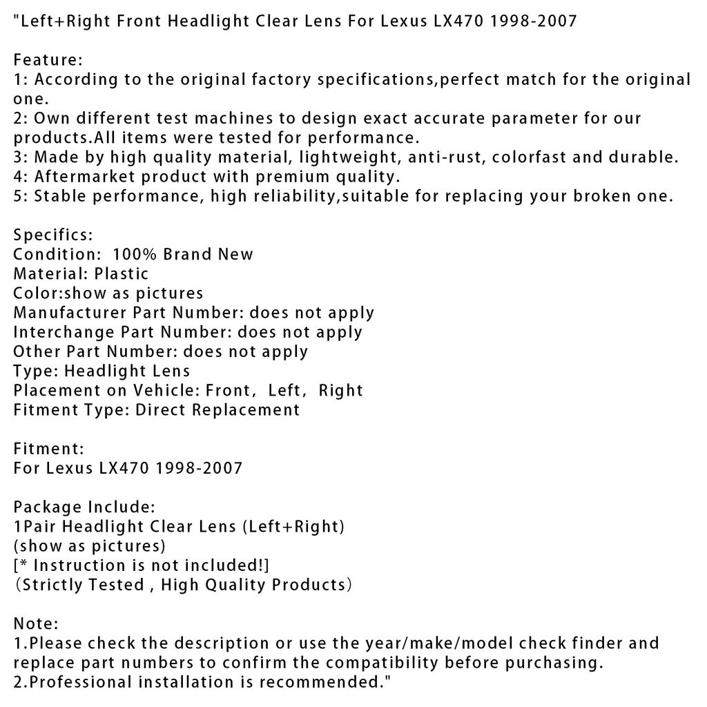 Left+Right Front Headlight Clear Lens For Lexus LX470 1998-2007