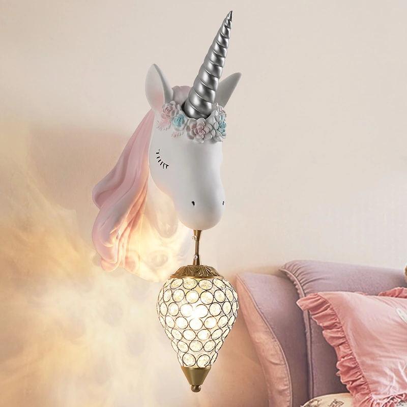 Настенный подвесной светильник с героями мультфильмов для детей, светодиодный полимерный светильник с единорогом, AC220V, синий, розовый, настенный светильник для украшения спальни принцессы для девочек