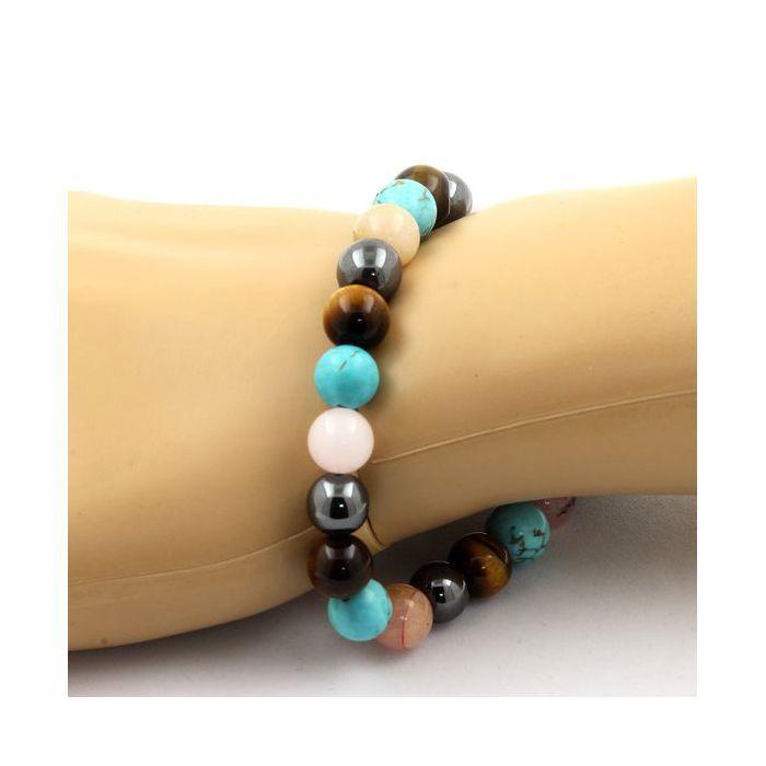 Pierres et Minéraux. Bracelet Perles Oeil de Tigre + Hématite + Opale Rose + Turquoise 8 Fabriqué en France.