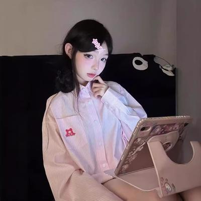 Синяя свежая повседневная рубашка в вертикальную полоску для женщин, ранняя осень, маленький кардиган, розовая милая внутренняя рубашка