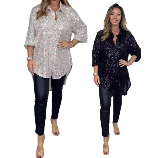 Женская рубашка с отворотом, рукавом до локтя, однобортная рубашка свободного кроя, топы с блестками, повседневная рубашка средней длины