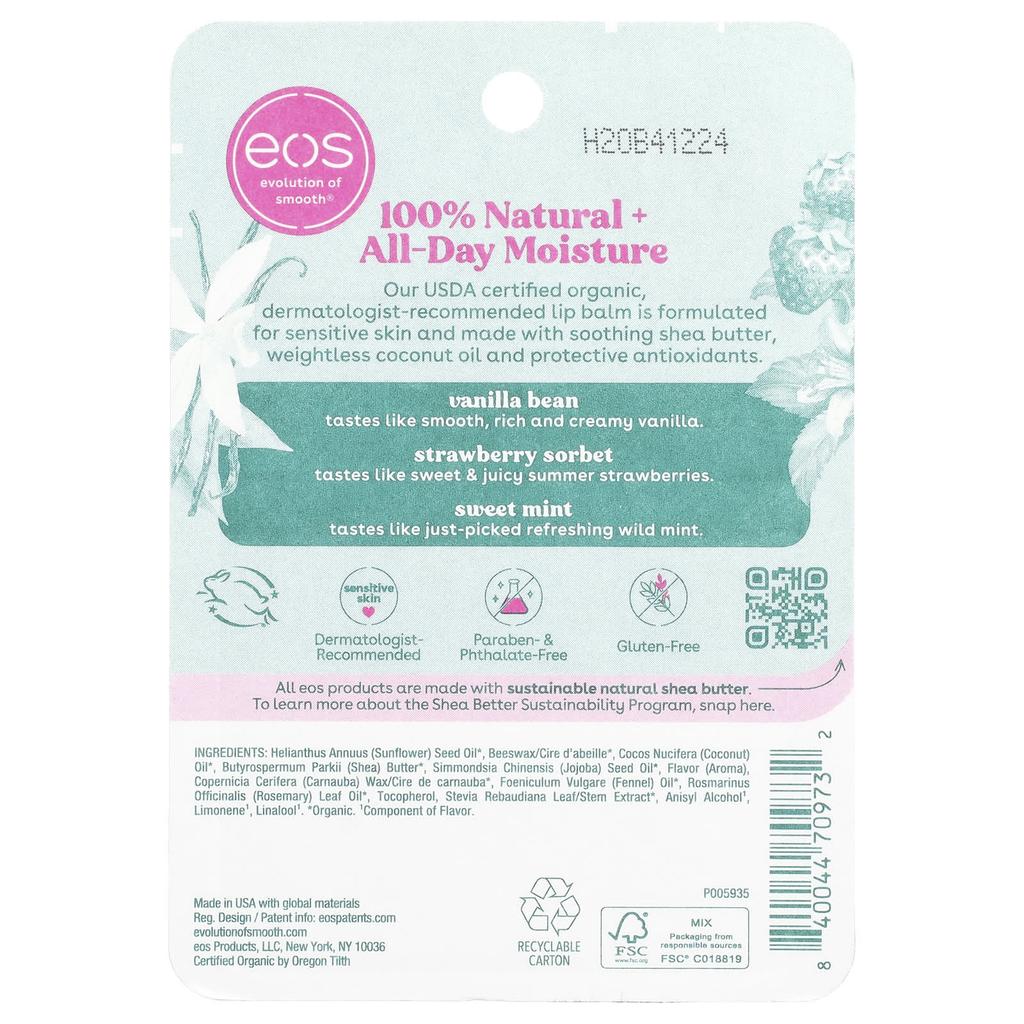 EOS, 100% Натуральный Органический Бальзам для Губ, Набор Ассорти, 3 Бальзама для Губ, 4 г (0,14 унции) Каждый