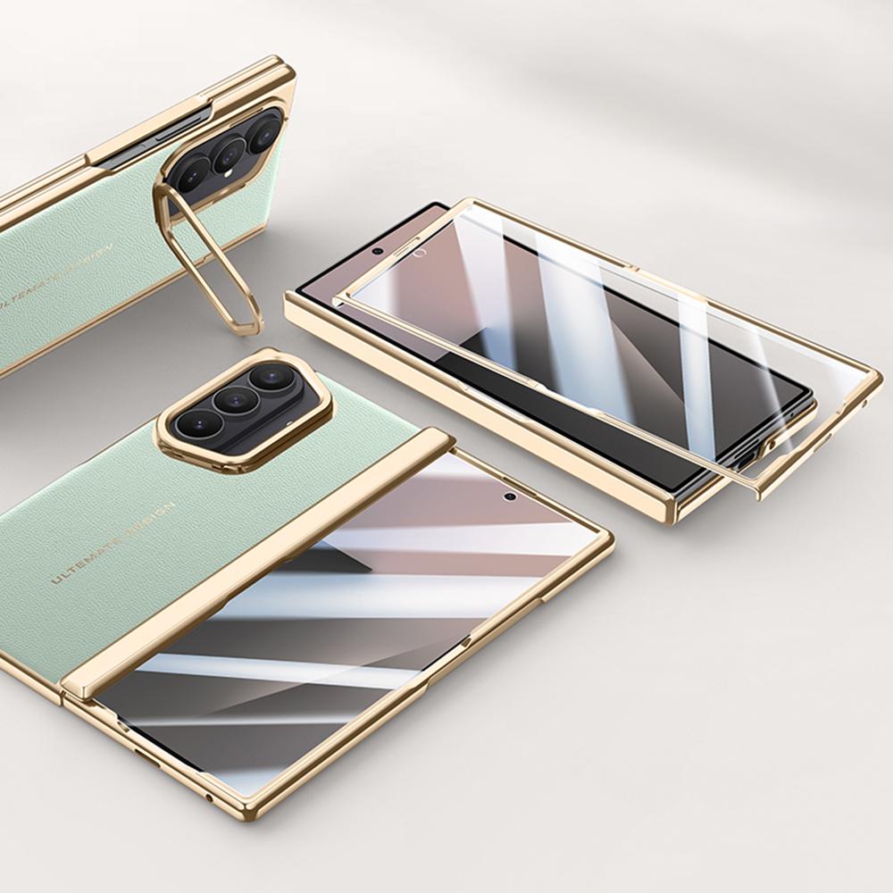 For Samsung Galaxy Z Fold7 5G Case Leather+PC Electroplated Phone Cover with HD Tempered Glass Film,Lens Kickstand