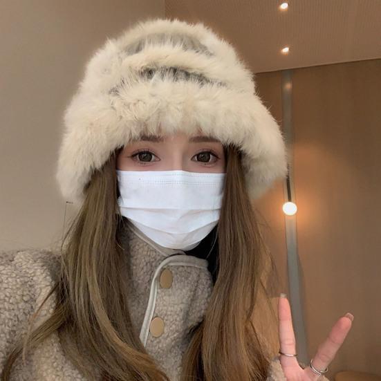 Women Fisherman Hat Imitation Rabbit Fur Decor Autumn Winter Windproof Warm Dome Soft Knitting Basin