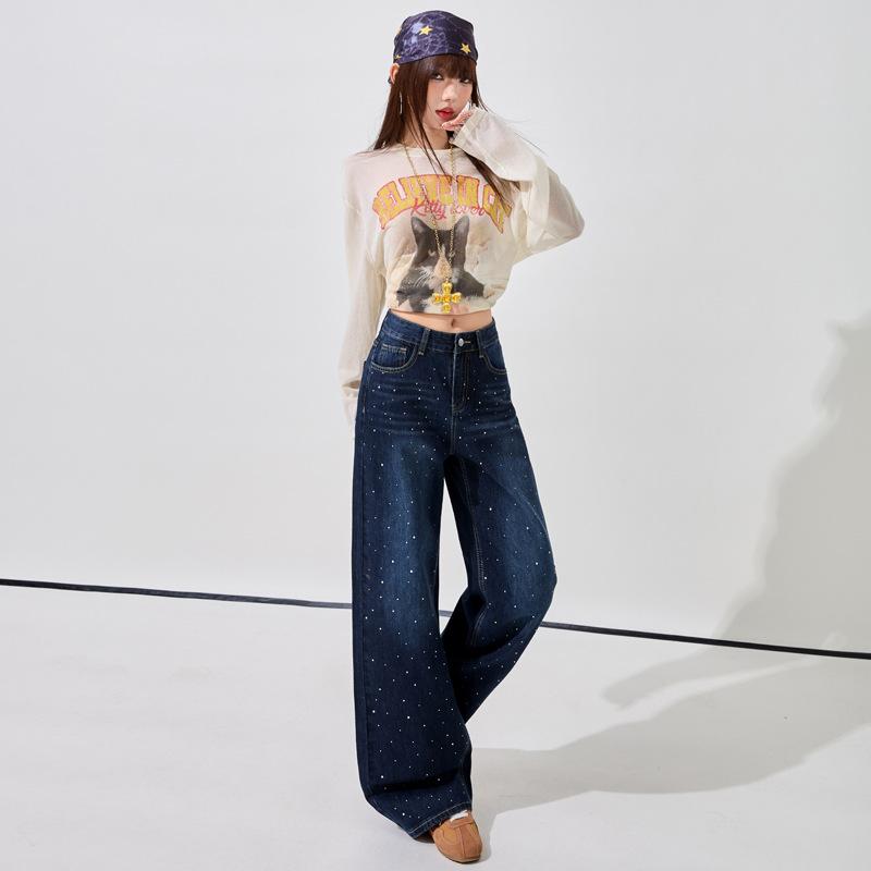 Spring new hot diamond blue-gray wide-leg jeans women's high-waisted straight drape floor pants blue-gray trousers