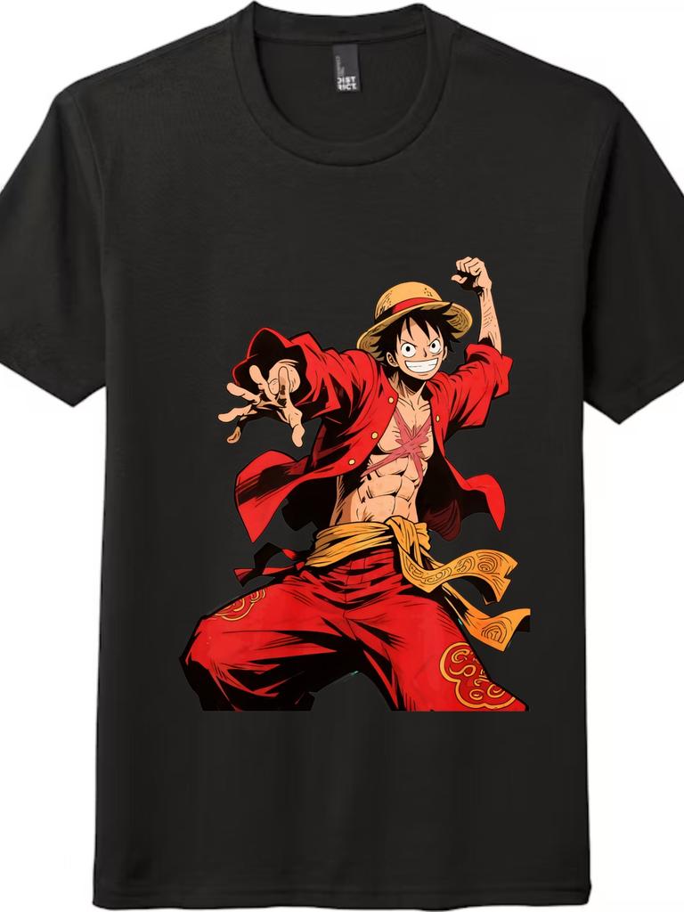 One Piece Luffy Action Pose Casual T-Shirt Mens Womens Tees Top, Cartoon Unisex Tee, Black and White