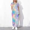 Women Plus Size Printed Scrub Set Crisscross Cutout Neck Short Sleeve Top Long Pants With Pockets
