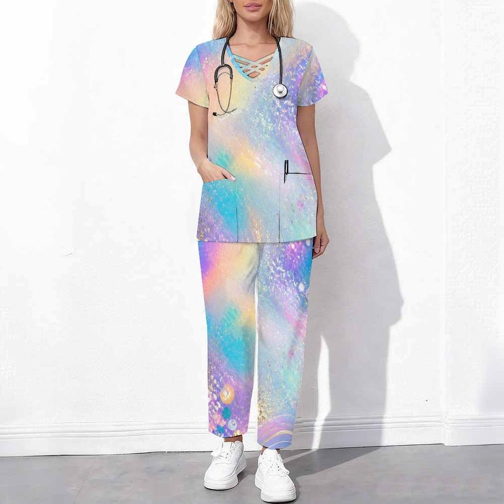 Women Plus Size Printed Scrub Set Crisscross Cutout Neck Short Sleeve Top Long Pants With Pockets