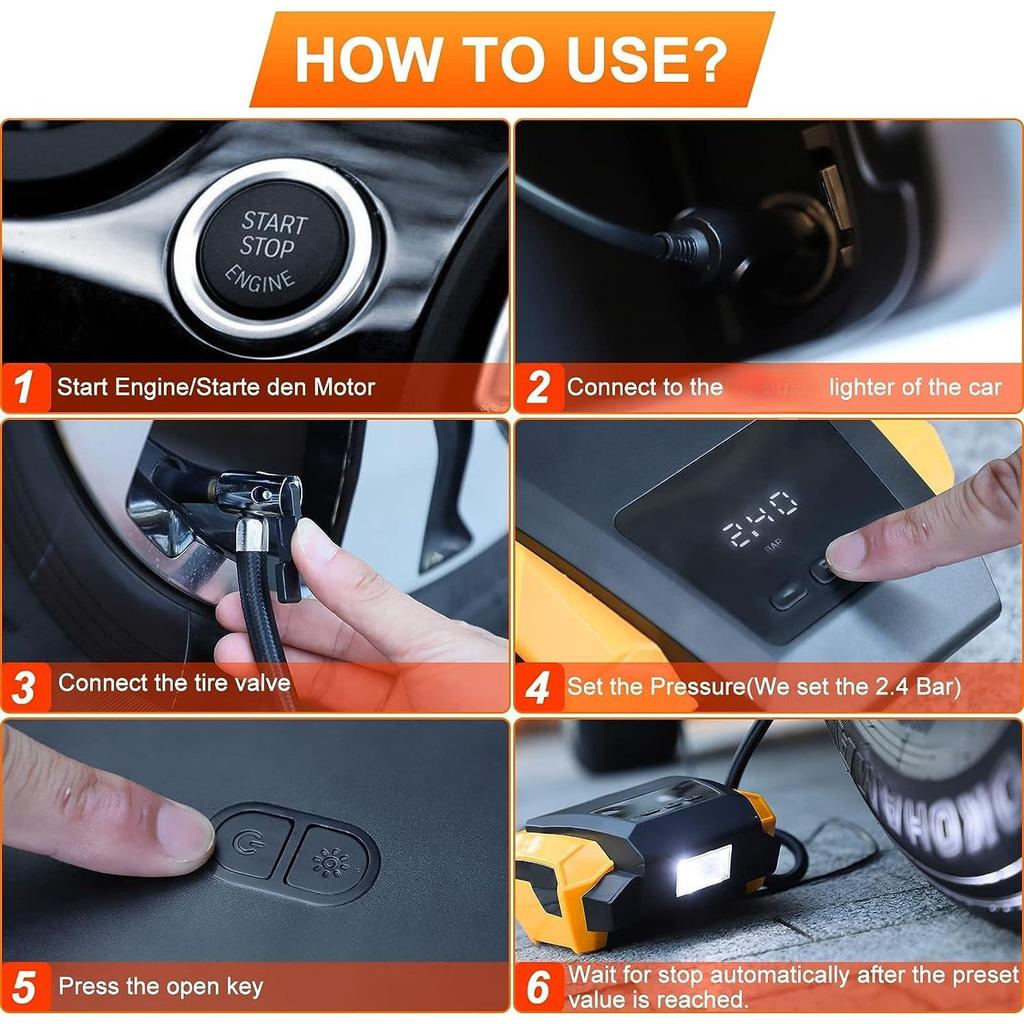 Electric Air Pump, 12V Air Compressor, Portable Compressor with LED Light Inflator Compressor Portable for Car Tires, Bicycle and Others