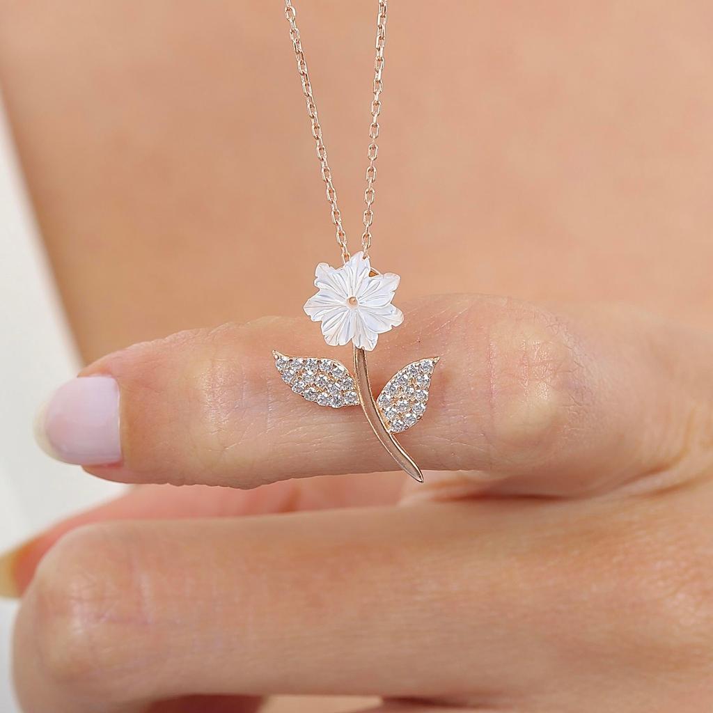 Elegant Crystal Magnolia Flower Rosegold Flowers Silver Necklace