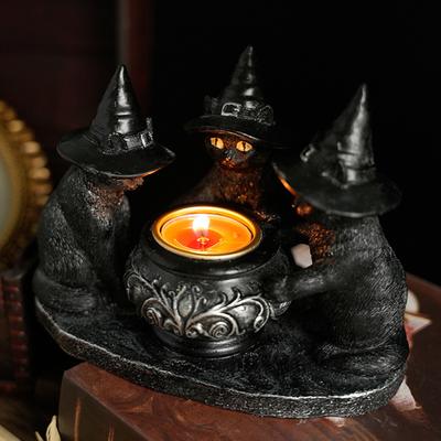 Хэллоуин Подсвечник Черные Коты Готический Полимерный Кот в Шляпе Ведьмы Статуэтка Подставка для Чайной Свечи для Вечеринки в Помещении Каминная Полка Кофейный Столик Центральный Элемент