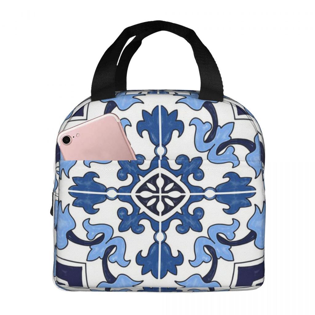 Blue Ornate Floral Mediterranean Sicilian Tile Insulated Lunch Bag for Kids School Cooler Thermal Food Box Tote Portable