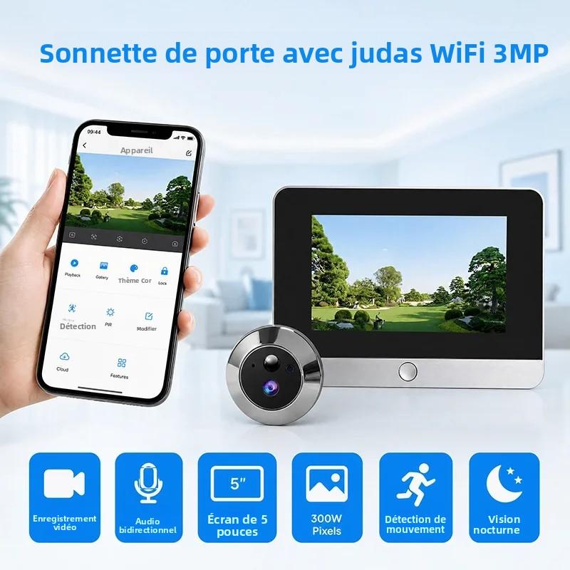 WiFi Viewer 5 inch Display 3MP Battery Peephole Camera Tuya SmartLife Infrared Night Vision PIR Human Detection Cat Eye Camera