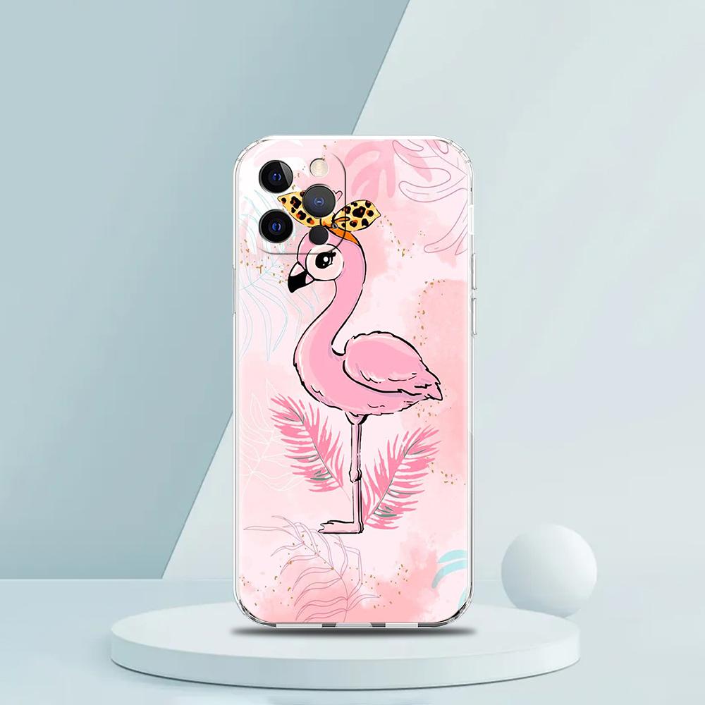Для iPhone 15 16 14 13 12 mini 11 Pro Max XS X XR SE 7 8 Plus Силиконовый прозрачный чехол милый Розовые фламинго лист Чехол для телефона