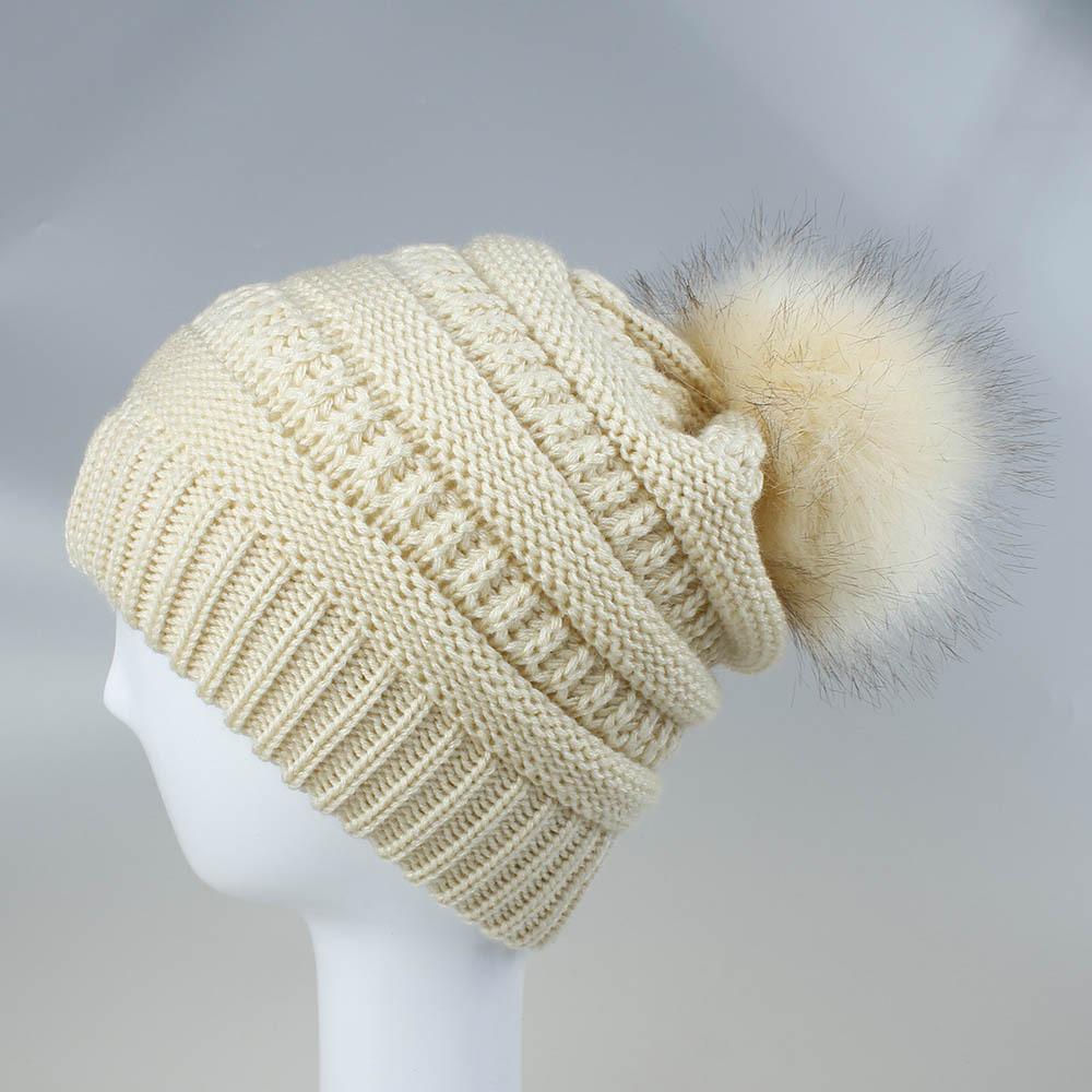 Faux Winter Women Autumn Fur Fox Ball Solid Color Twist Knitted Hat