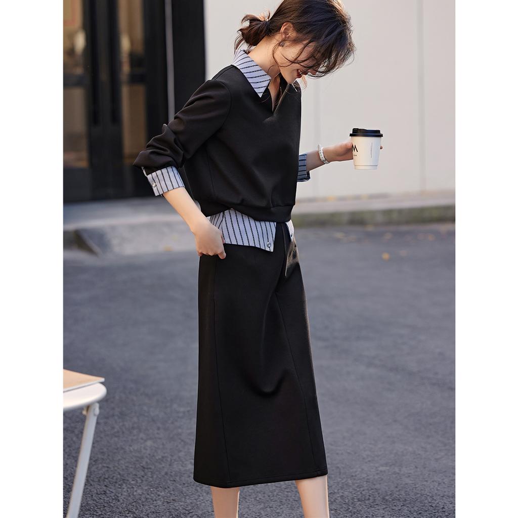 Design Shirt Collar Sweatshirt Suit for Women's Autumn New Casual Simple Skirt Two-piece Set