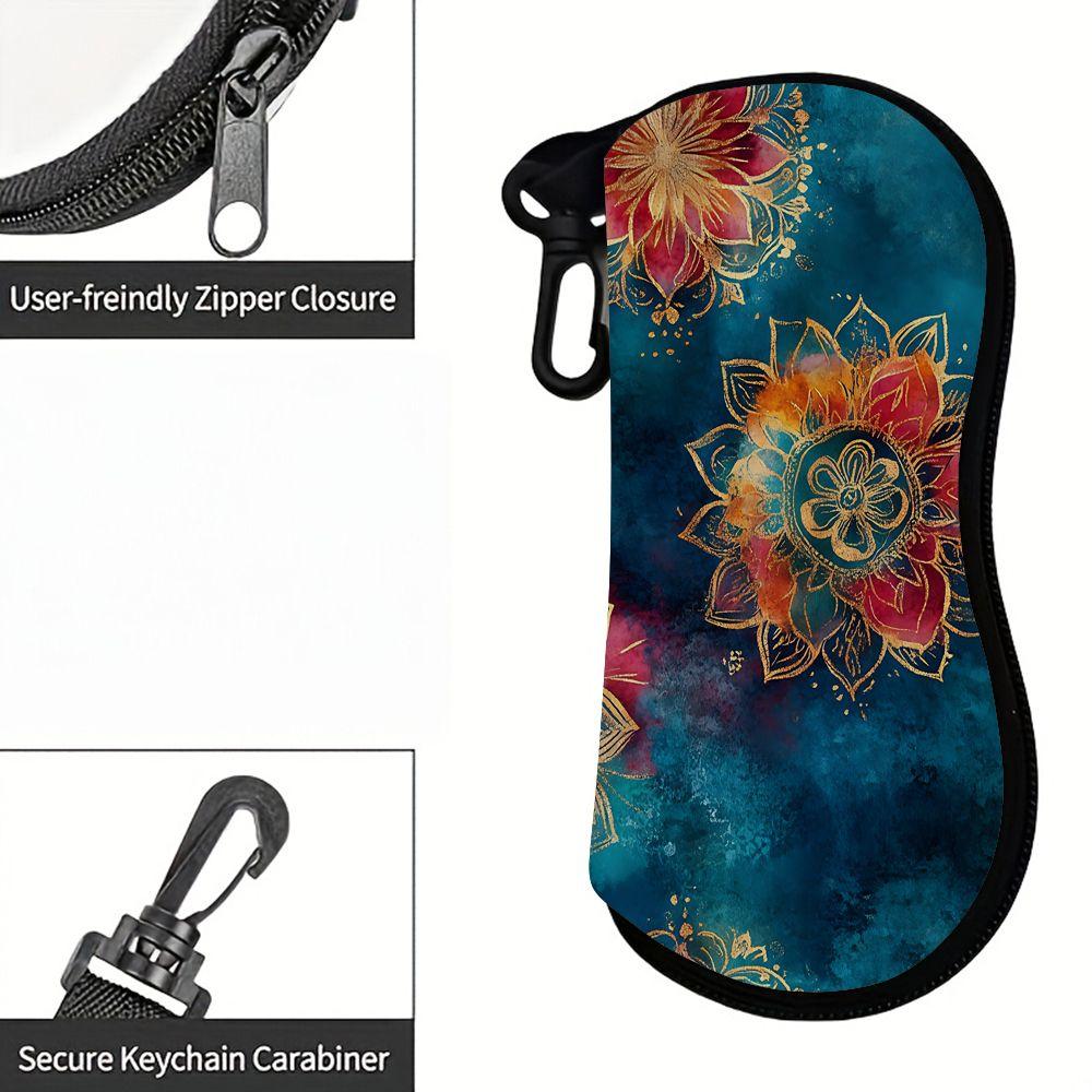 2D-Bohemian Gold Mandala Floral Print Sunglasses Case, Zipper Eyeglasses Protective Holder, Portable Travel Eyewear Pouch for Women Accessories