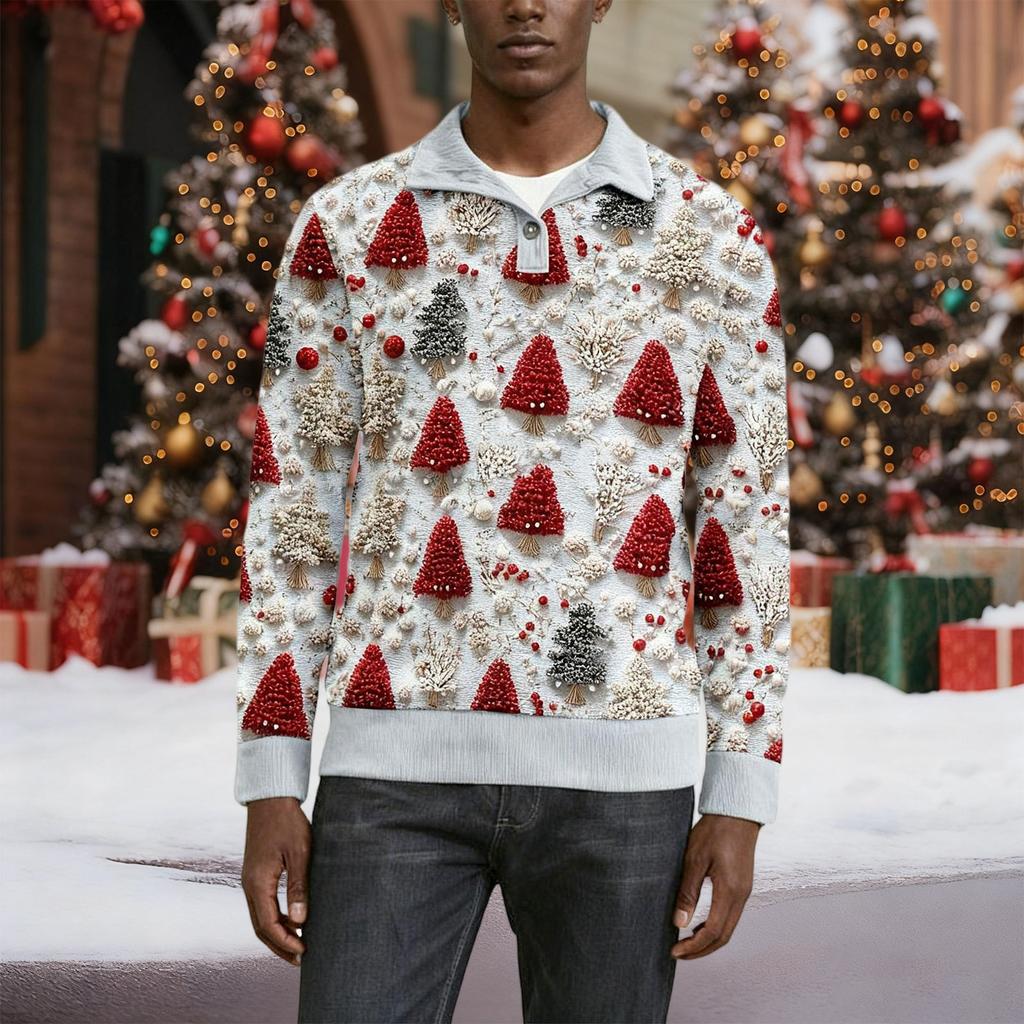 Мужская рождественская хлопковая рубашка-пуловер с длинным рукавом для активного отдыха, винтажная вельветовая рубашка с воротником-стойкой и пуговицами, повседневная толстовка с рождественским принтом