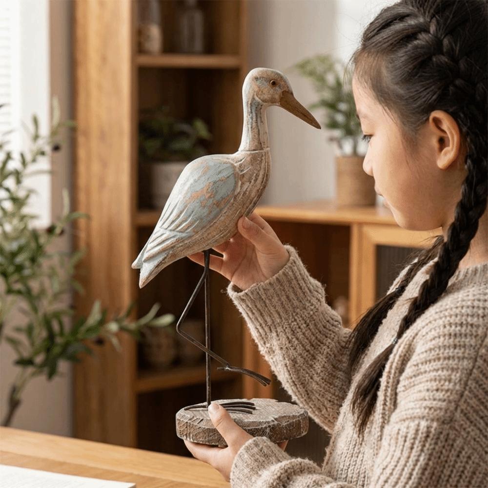 Handcrafted Long-legged Bird Ornament Vintage Wooden Carving Statue  Table Centerpiece