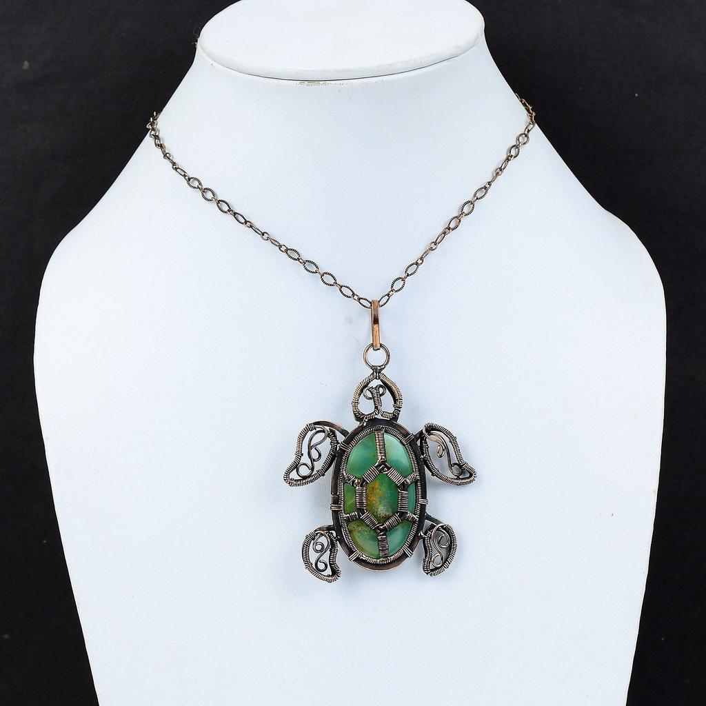 Кулон с хризопразом, медная проволока, кулон, кулон ручной работы, драгоценный камень, медные украшения, подвеска в виде черепахи, подарок для свадьбы, ювелирные изделия из проволочной обмотки