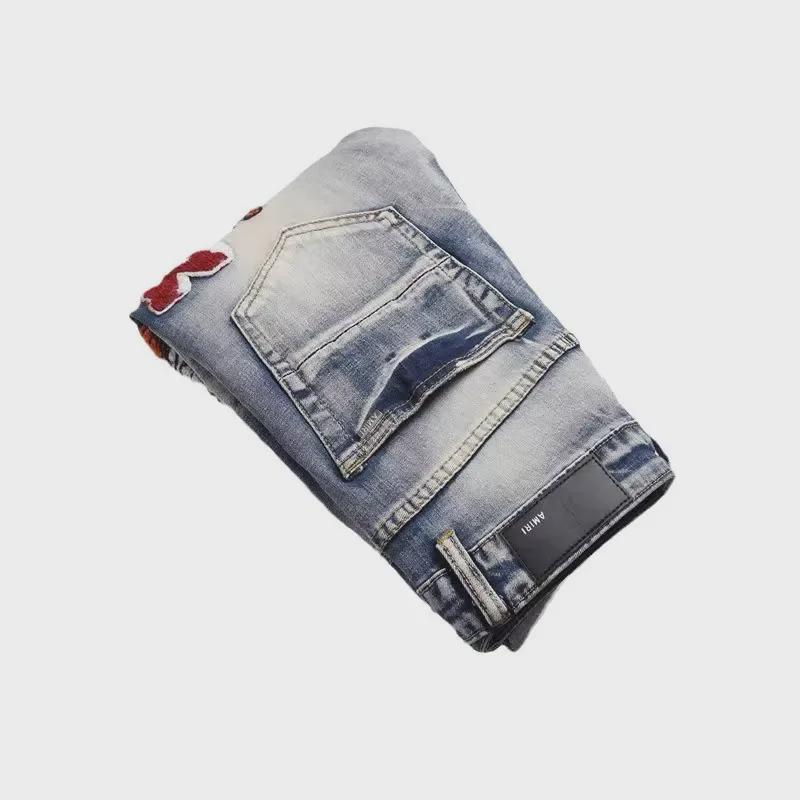 Мужские ретро-узкие синие джинсы с вышивкой в виде дырок