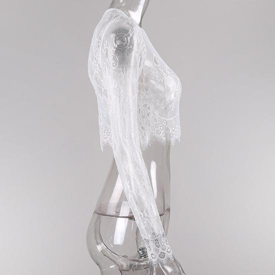 O-Neck Long Sleeve Embroidery Pattern Crop Top Women See-Through Floral Lace Blouse