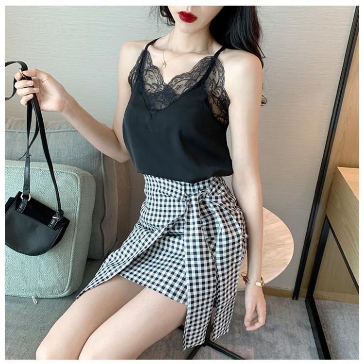 White Suspender Female Lace Vest Summer Suit with V-neck Large Top Lace Bottom Loose Solid Casual Top