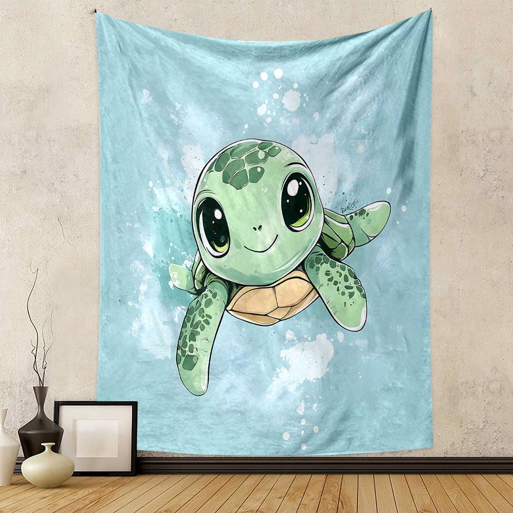 Cute Cartoon Sea Turtle Illustration Patterned Tapestry Decorative Wall Hanging, Home Bedroom Living Room Decor