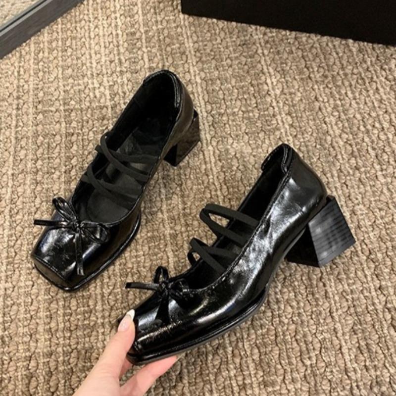 Одиночные туфли Осень Новые Квадратный носок Мелкий вырез Бант Перекрещенный тонкий ремешок Нескользящие Износостойкие Блочный каблук Туфли Мэри Джейн