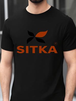 6249 Футболка из смесовой хлопковой ткани - Темно-синяя с оранжевым принтом логотипа SITKA