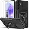 Protective Case - BOOLING - for Samsung Galaxy A55 5G - Shockproof - Rotating Ring Stand - Black - with 2 Tempered Glass