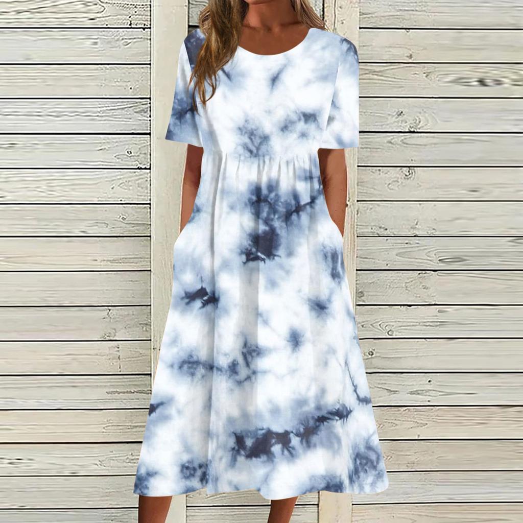 Жен. Повседневные платья Платья с принтами Летние платья С принтами Плиссированные платья-миди с круглым вырезом Классический Классический На открытом воздухе Повседневные С короткими рукавами Свободные платья