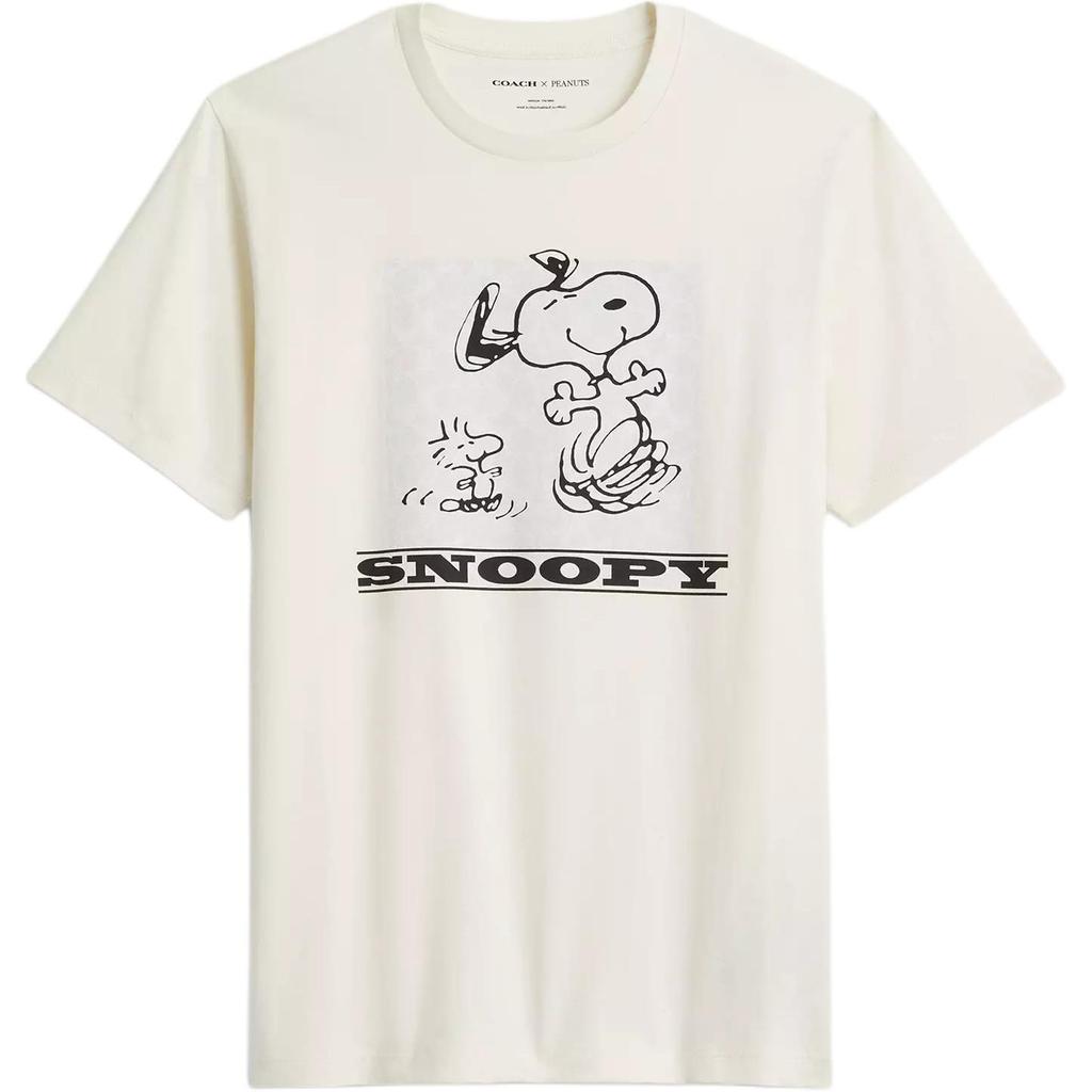 Coach X Peanuts SS25 Футболка с коротким рукавом Snoopy Signature Square из органического хлопка с круглым вырезом Мужской топ Слоновая кость CAF64-CHK