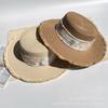 French Hepburn style wide brim flat top straw hat women's summer travel sunshade printed ribbon decorative sun hat
