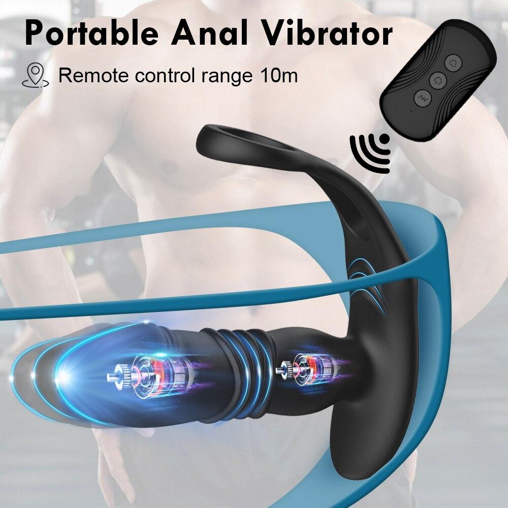 Silicone Anal Vibrator Push Prostate Stimulator Massager Delay Ejaculation Lock Ring Anal Butt Plug Sex Toys Dildo for Men