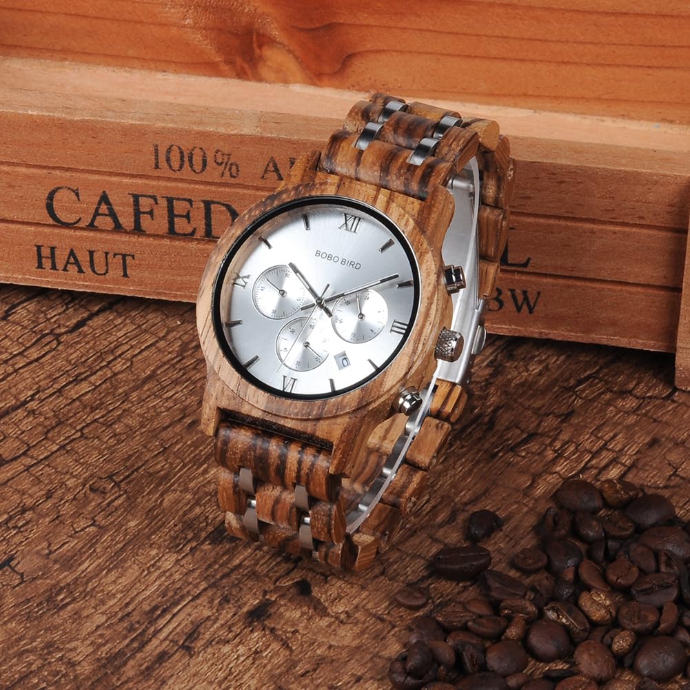 Часы BOBO Bird Wood Watch Luxury Wood Metal Strap Chronograph Date Display Quartz Watch Versatile Watch Metal White Men's Men's