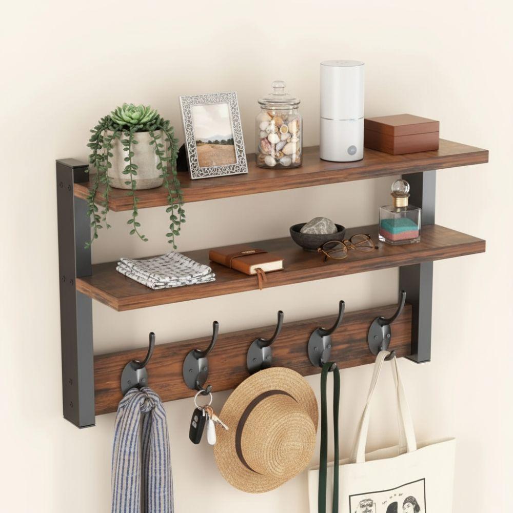 with Hooks Two-Tier Coat Rack Wall Mounted Entryway Coat Hook Wall Shelf for Bedroom Living Room