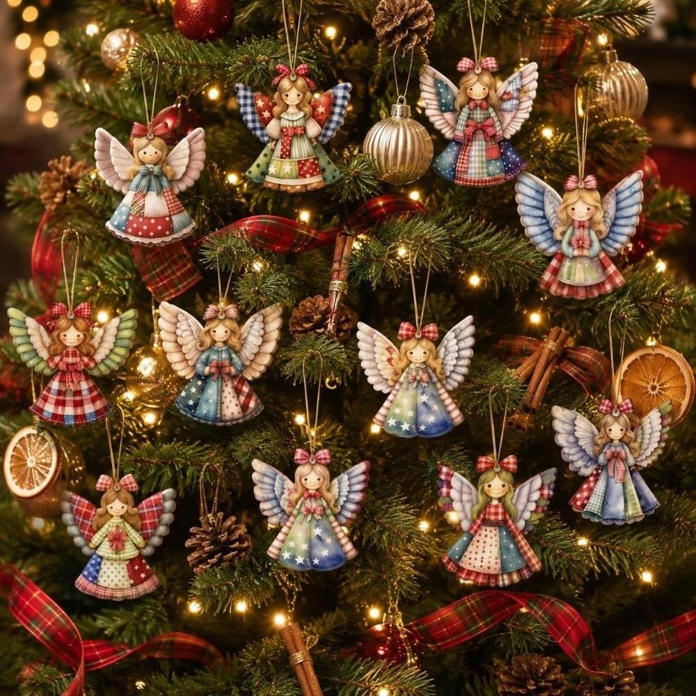 12 pcs Colorful Design Christmas Tree Decor Wooden Girl-Shaped Pendant Home Decor Xmas Decor Winter